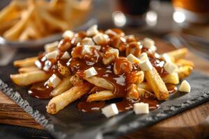 French fries with barbecue sauce and cheese. Black matte plate, black background. Macro photo