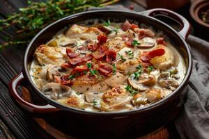 Hot chicken fricassee in a black plate on a dark wooden table - chicken meat browned and stewed in white wine cream sauce with mushrooms and microgreens. photo