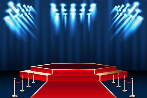 awards podium stage. Spotlight lights and a dark blue background