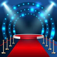 podium set with red carpet. Spotlight lights and a dark blue background vector