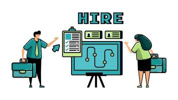 illustration of hiring with the words HIRE and prospective employees for position take part in company strategy performance meeting to be approved for work vector