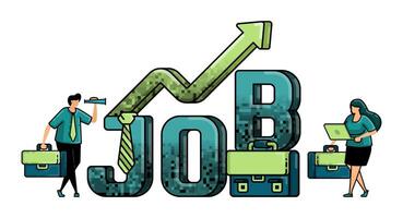 illustration of hiring with the word JOB in 3d and graph increase that metafor company wants to open job vacancies to improve the performance and progress of corporate growth vector