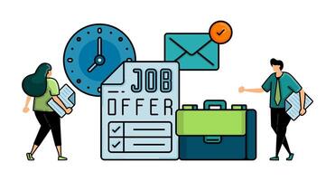 illustration of hiring with the words JOB OFFER on application form. metaphor for applicants filling out job application forms and submitting them on time via email. vector