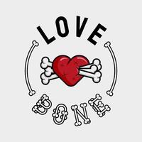 artwork illustration of wounded heart is pierced by three bones framed with the words LOVE and BONE made with bones. in outline and gothic horror cartoon style for apparel or clothing vector