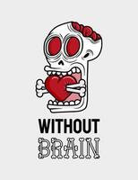 artwork illustration of skull whose brain came out and opened its mouth while biting a heart pierced by two bones. in outline and gothic horror cartoon style for apparel or clothing vector