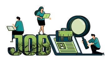 illustration of hiring with the words JOB in 3d and briefcase that coming out from laptop. metaphor for job applicants looking for job vacancies online vector