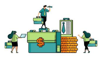 illustration of hiring with dollar sign on the middle of briefcase dan pile of coin. metaphor of job seekers looking for vacancies in financial services and banking vector