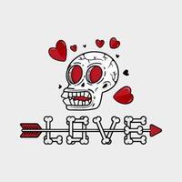 artwork illustration of skull of a lovelorn fool with a red heart around it. in outline and gothic horror cartoon style for apparel or clothing vector