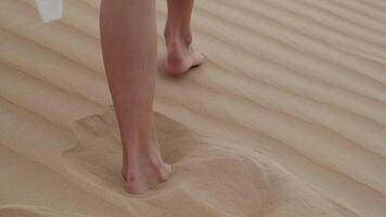 un' a piedi nudi brunetta nel un' vestito passeggiate il deserto video