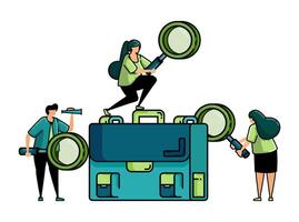 illustration of hiring with people holding magnifying glasses and circling briefcases for job vacancy and struggle of finding better jobs metaphor vector