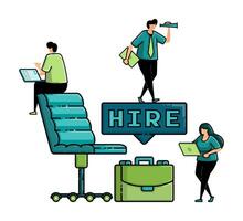 illustration of hiring with the words HIRE and work chair on top of briefcase for metaphor of people looking for job vacancies in better or higher positions vector