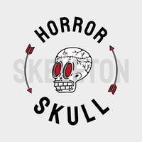 artwork illustration of grimacing skull with a split head and stitched on the frame with circular arrows and the words SKULL and HORROR. in outline and gothic horror cartoon style for apparel vector