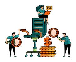 ilustración de contratación con el pila de monedas y oficina silla a Mira para oficina trabajo vacantes en el financiero servicios y bancario sectores vector