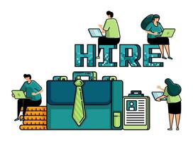 illustration of hiring with the words HIRE and a tie tied to a briefcase. metaphor of people looking for white collar worker job vacancies in the financial services or banking sector vector