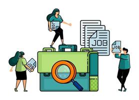 illustration of hiring with magnifying glass in the middle of briefcase and pile of files marked jobs. people around as applicants holding job application forms vector