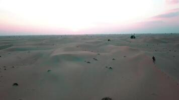 A man runs along the sand dunes in the desert at sunset video