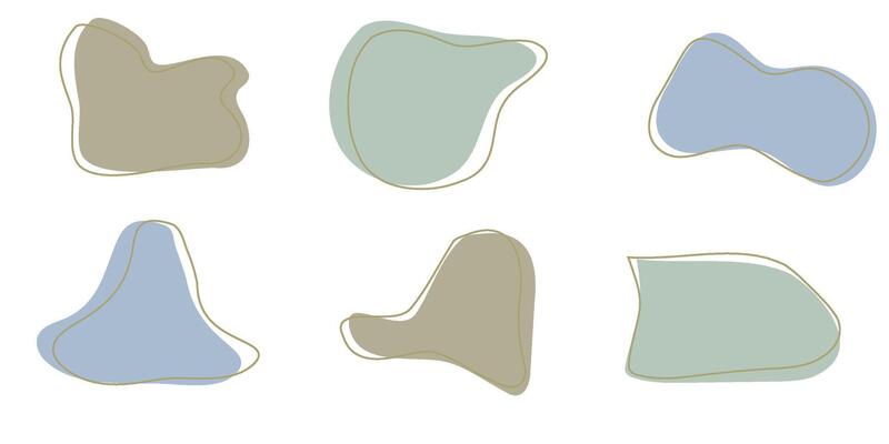 Set of organic irregular blob shapes with stroke line. Blue gray random deform spot fluid circle Isolated on white background Organic amoeba Doodle elements. Abstract rounded forms illustration