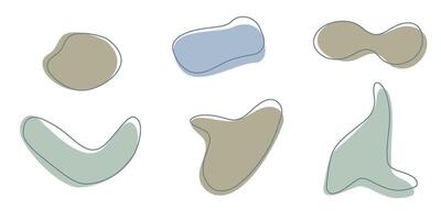 Set of organic irregular blob shapes with stroke line. Blue gray random deform spot fluid circle Isolated on white background Organic amoeba Doodle elements. Abstract rounded forms illustration vector