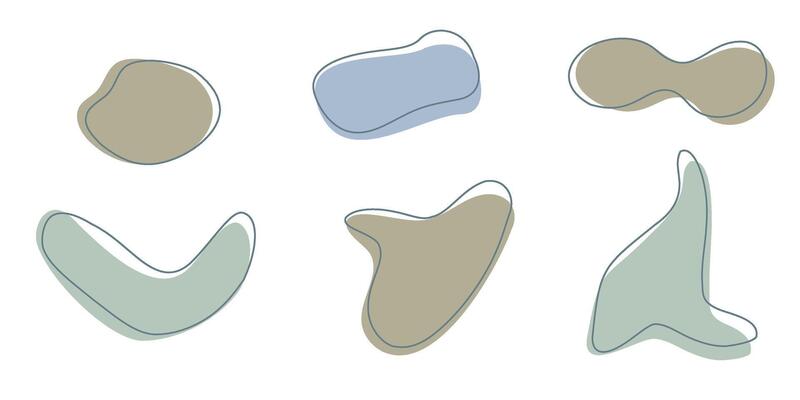 Set of organic irregular blob shapes with stroke line. Blue gray random deform spot fluid circle Isolated on white background Organic amoeba Doodle elements. Abstract rounded forms illustration