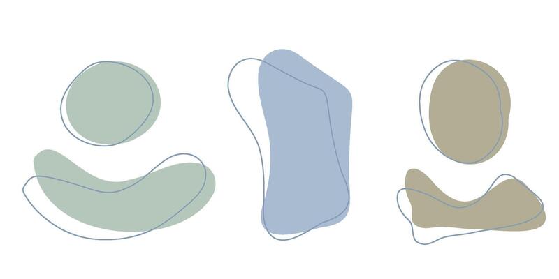 Set of organic irregular blob shapes with stroke line. Blue gray random deform spot fluid circle Isolated on white background Organic amoeba Doodle elements. Abstract rounded forms illustration