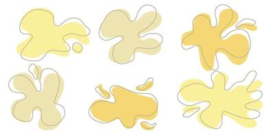 Set of organic irregular blob shapes with stroke line. Yellow random deform spot fluid circle Isolated on white background Organic amoeba Doodle elements. Abstract rounded forms illustration. vector