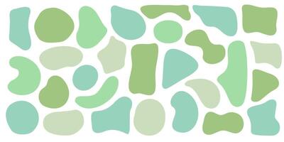 Set of organic irregular blob shapes. Green random deform spot fluid circle Isolated on white background. Organic amoeba Doodle drops Retro elements. Abstract rounded forms illustration vector