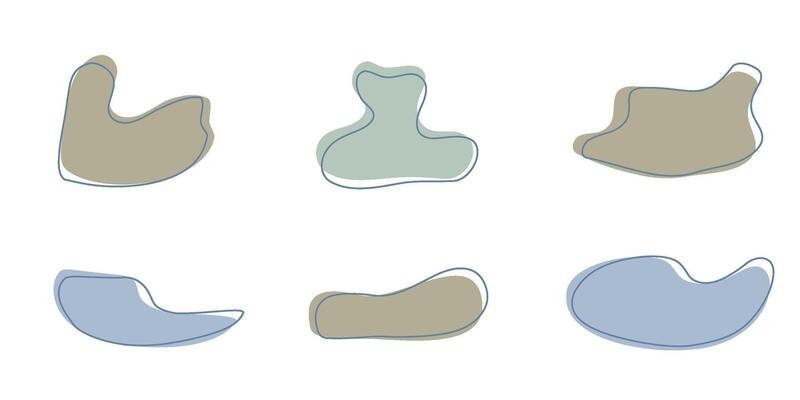 Set of organic irregular blob shapes with stroke line. Blue gray random deform spot fluid circle Isolated on white background Organic amoeba Doodle elements. Abstract rounded forms illustration