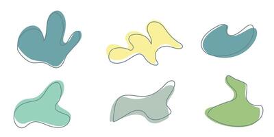 Set of organic irregular blob shapes with stroke line. Green gray random deform spot fluid circle Isolated on white background Organic amoeba Doodle elements Abstract rounded forms illustration vector