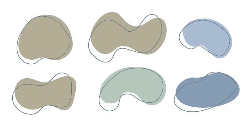 Set of organic irregular blob shapes with stroke line. Blue gray random deform spot fluid circle Isolated on white background Organic amoeba Doodle elements. Abstract rounded forms illustration