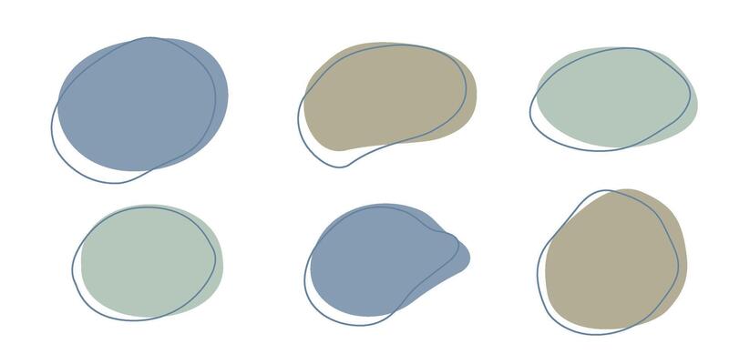 Set of organic irregular blob shapes with stroke line. Blue gray random deform spot fluid circle Isolated on white background Organic amoeba Doodle elements. Abstract rounded forms illustration