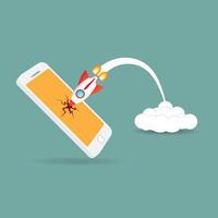 The rocket is attacking the mobile phone. Flat design. Successful startup business concept. vector