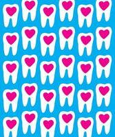 White teeth with pink heart in the center on blue background. Dentist print in flat design vector