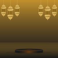 Ramadan kareem podium with mosque lantern ornament. Islamic podium round stage for Eid Mubarak, Ramadan Kareem, Muharram, Iftar on brown color background. vector