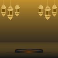 Ramadan kareem podium with mosque lantern ornament. Islamic podium round stage for Eid Mubarak, Ramadan Kareem, Muharram, Iftar on brown color background. vector