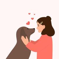 Girl hugging dog. Happy kid with puppy. Friendship of girl and pet. illustration vector