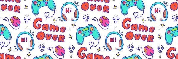 Game over color pattern. Hand Drawn Doodle gamepad, headphones. Games, stream channel Background. Games and stream channel Background. Gadget icons Gaming print for boys and girls. illustration vector