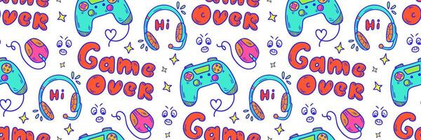 Game over color pattern. Hand Drawn Doodle gamepad, headphones. Games, stream channel Background. Games and stream channel Background. Gadget icons Gaming print for boys and girls. illustration vector