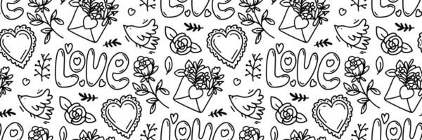 Wedding doodle pattern. Festive outline background. inscription love, envelope with flowers, hearts, roses and birds. For invitation cards, wrapping paper, wallpaper or fabric. illustration. vector