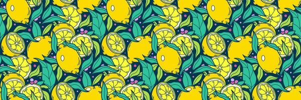 Summer lemon seamless pattern. Tropical fruit and Citrus tree in hand drawn style. Lush yellow summer floral background. For wallpaper or fabric, packaging, brand. doodle illustration. vector