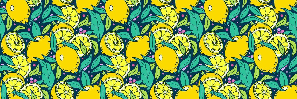Summer lemon seamless pattern. Tropical fruit and Citrus tree in hand drawn style. Lush yellow summer floral background. For wallpaper or fabric, packaging, brand. doodle illustration.