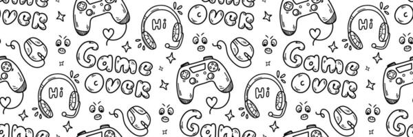 Game over pattern. Hand Drawn Doodle gamepad, headphones. Games, stream channel Background. Games and stream channel Background. Gadget icons Gaming print for boys and girls. illustration vector