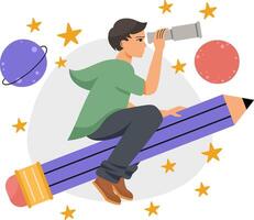 Man flies on pencil in space and looks through binoculars or a telescope. Designer is looking for new ideas for project. illustration with people. vector