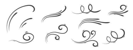 A set of hand drawings of wind lines. Sketches of airflow, swirling elements. Abstract linear movement of air masses, smoke. illustration. vector