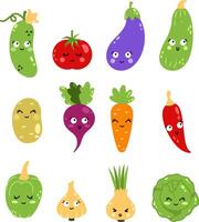 Funny cute happy vegetables with smile on their face. Set of elements instyle of doodles. Illustration on transparent background. vector