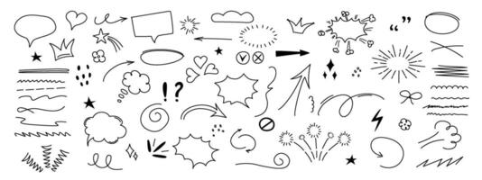 A set of hand drawn sketch elements including arrows, brush strokes, speech bubbles, explosions and redraws. Illustration vector