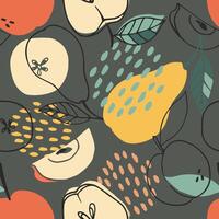 Seamless pattern with apples, pears, peaches on a gray background. Mix of fruit doodles. Cartoon design. vector