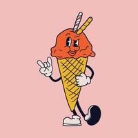 Charming cartoon ice cream figure exuding joy and cheerfulness, reminiscent of classic animations from the 60s and 70s, featuring amusing characters. This trendy illustration captures the essence of r vector