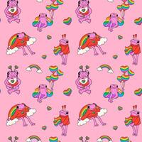 Seamless pattern featuring cute frogs with symbols in rainbow colors, designed as a illustration for Pride Month vector