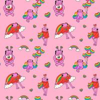 Seamless pattern featuring cute frogs with symbols in rainbow colors, designed as a illustration for Pride Month vector