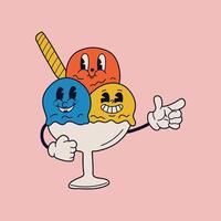 Charming cartoon ice cream figure exuding joy and cheerfulness, reminiscent of classic animations from the 60s and 70s, featuring amusing characters. This trendy illustration captures the essence of r vector
